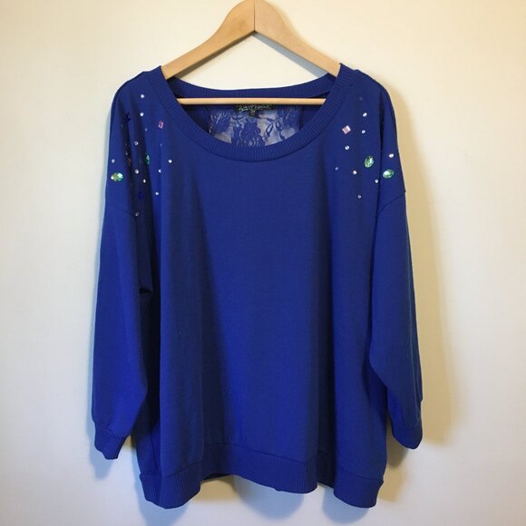 Almost Famous Blue Angel Gems and Lace Window Sweater - Picture 3 of 16
